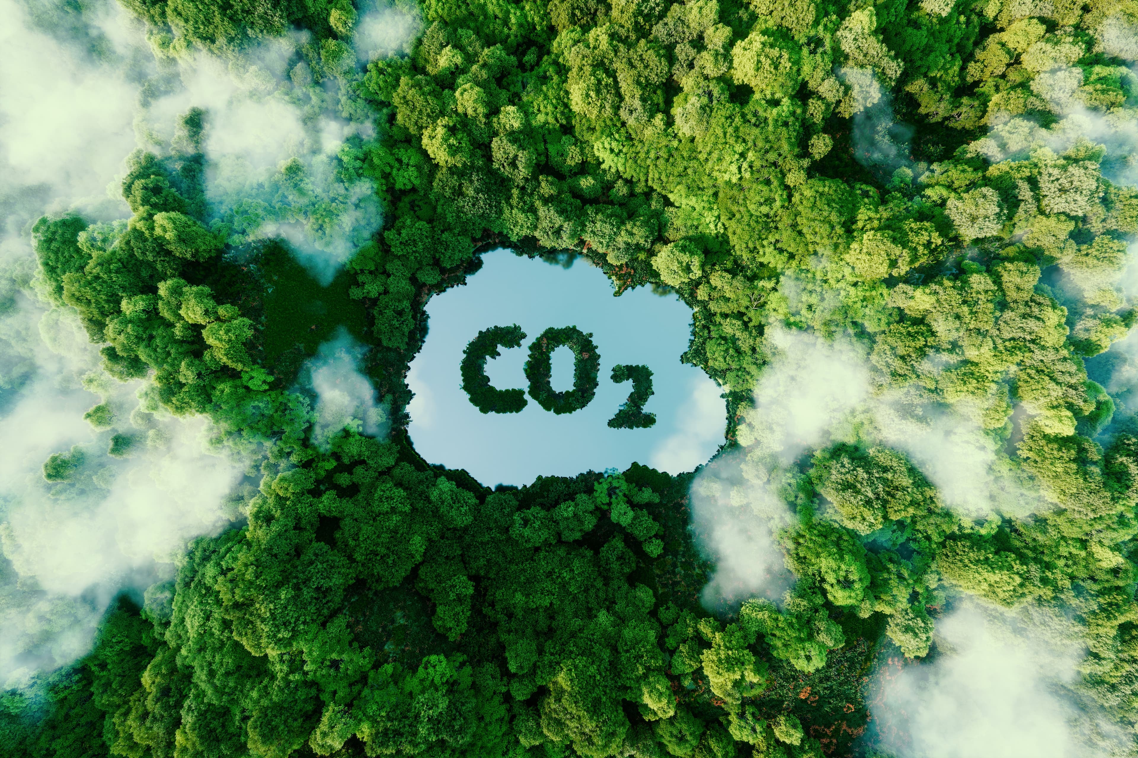 Árvores visualizadas panoramicamente com um símbolo da sigla de carbono (CO2) ao meio